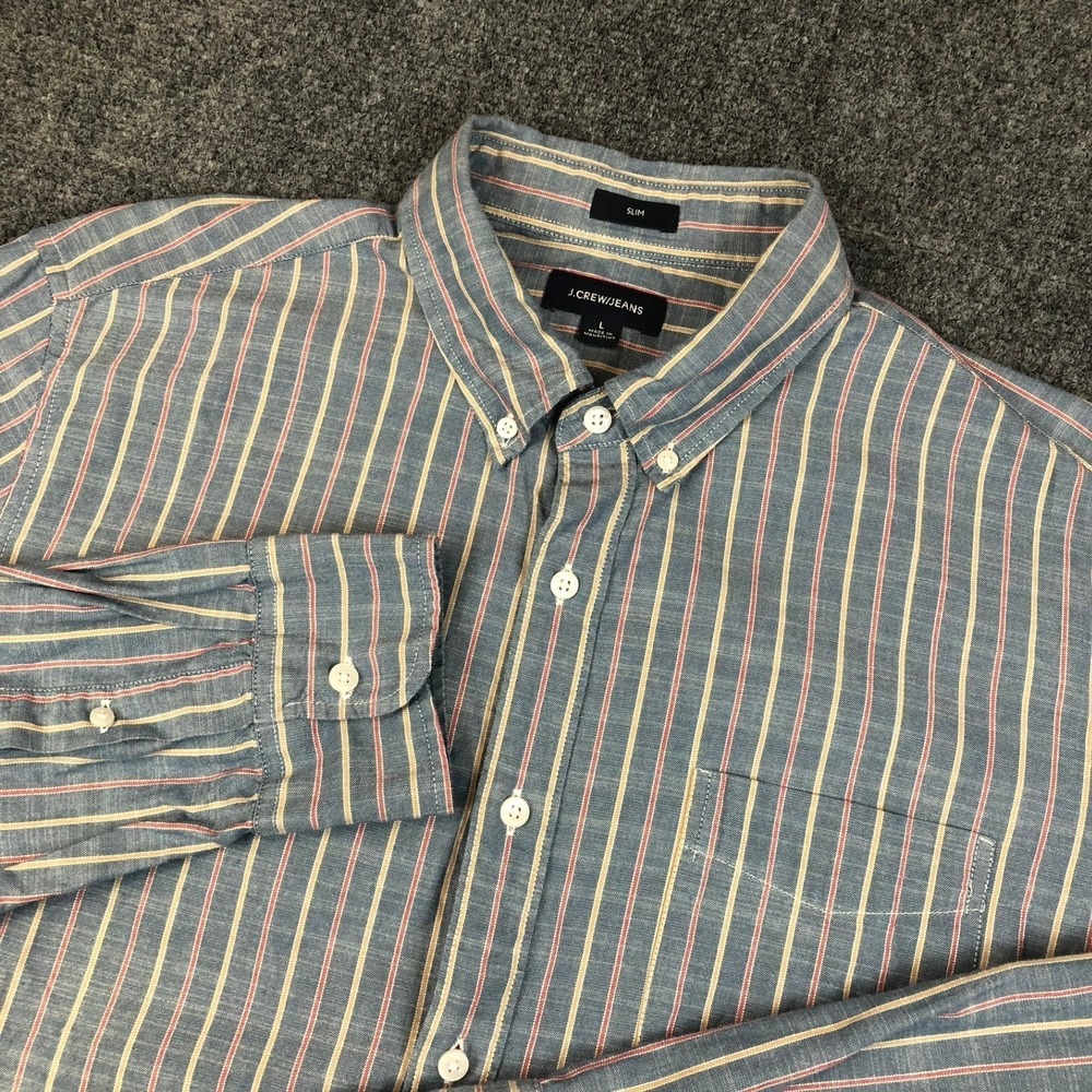 J.Crew Jeans Men's Large Slim Fit Button Down Shirt Blue Red Yellow Stripe Large
